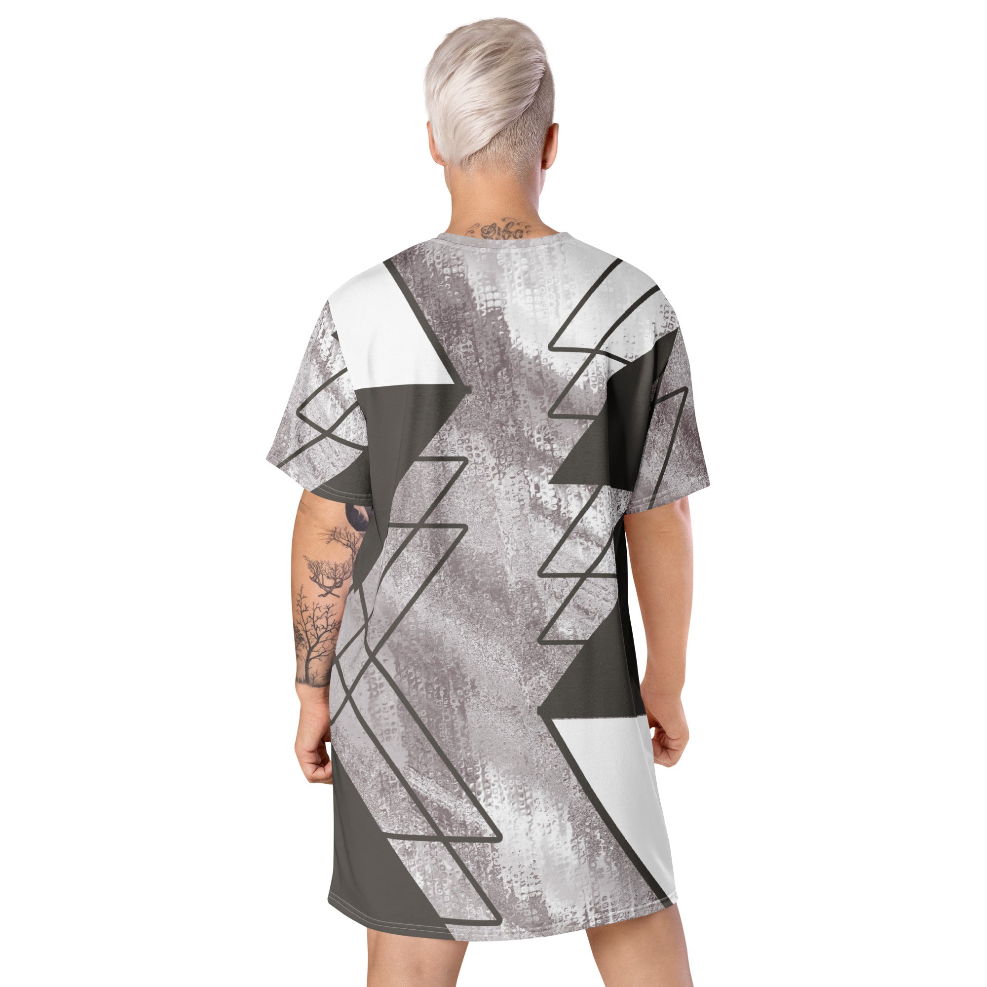 Womens Graphic T-shirt Dress in Ash Grey and White with a triangular colorblock design, showcasing its oversized fit and stylish look.