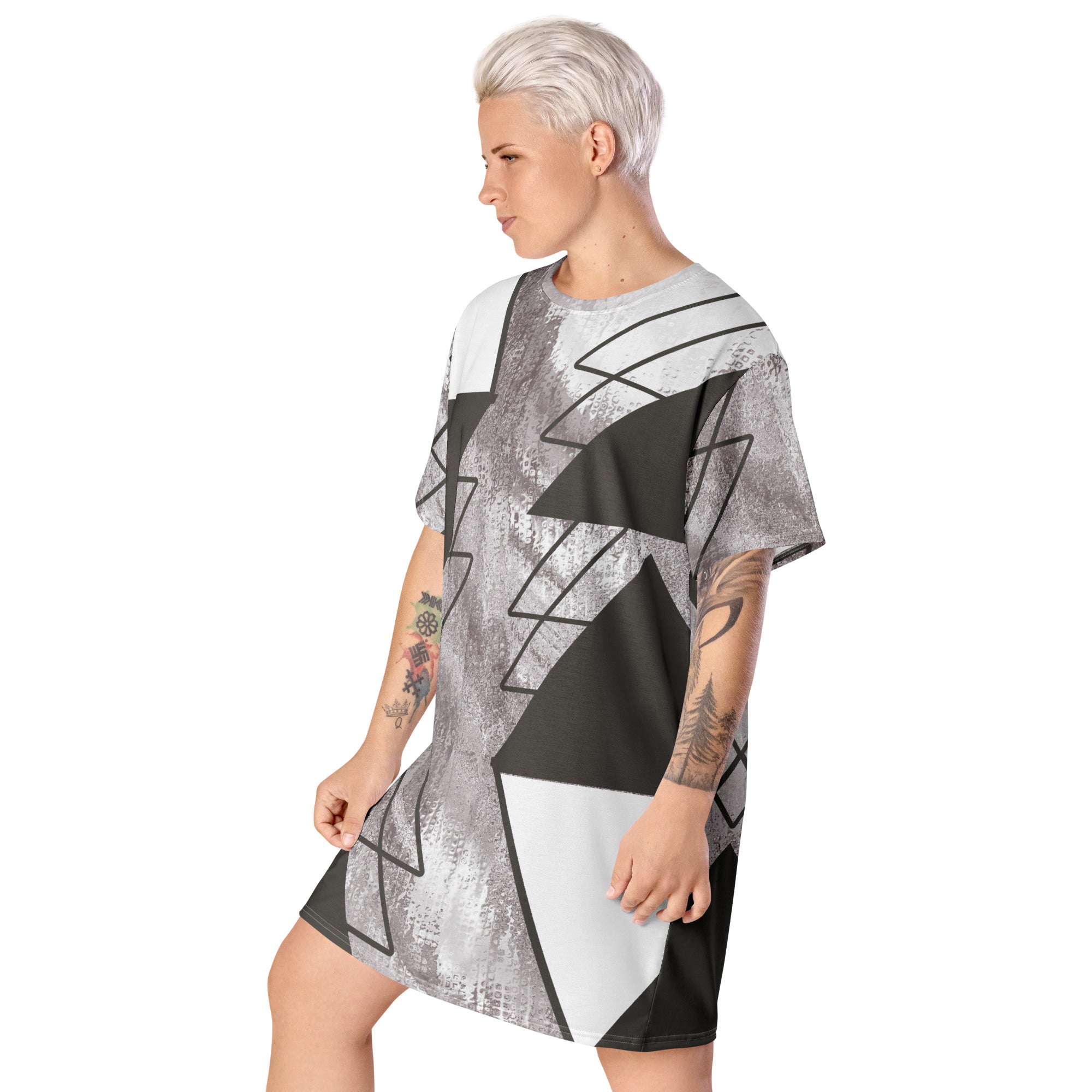 Womens Graphic T-shirt Dress in Ash Grey and White with a triangular colorblock design, showcasing its oversized fit and stylish look.