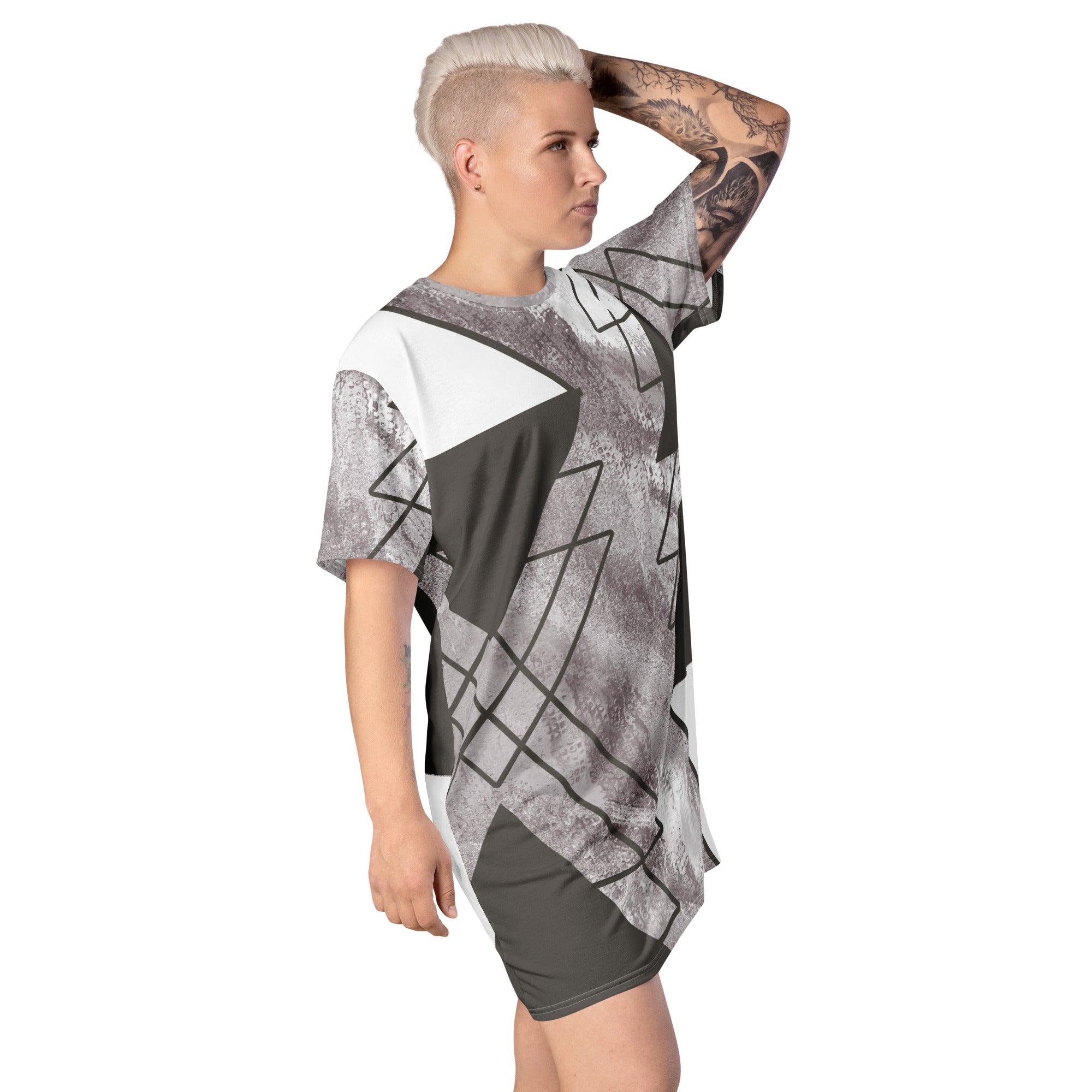 Womens Graphic T-shirt Dress in Ash Grey and White with a triangular colorblock design, showcasing its oversized fit and stylish look.