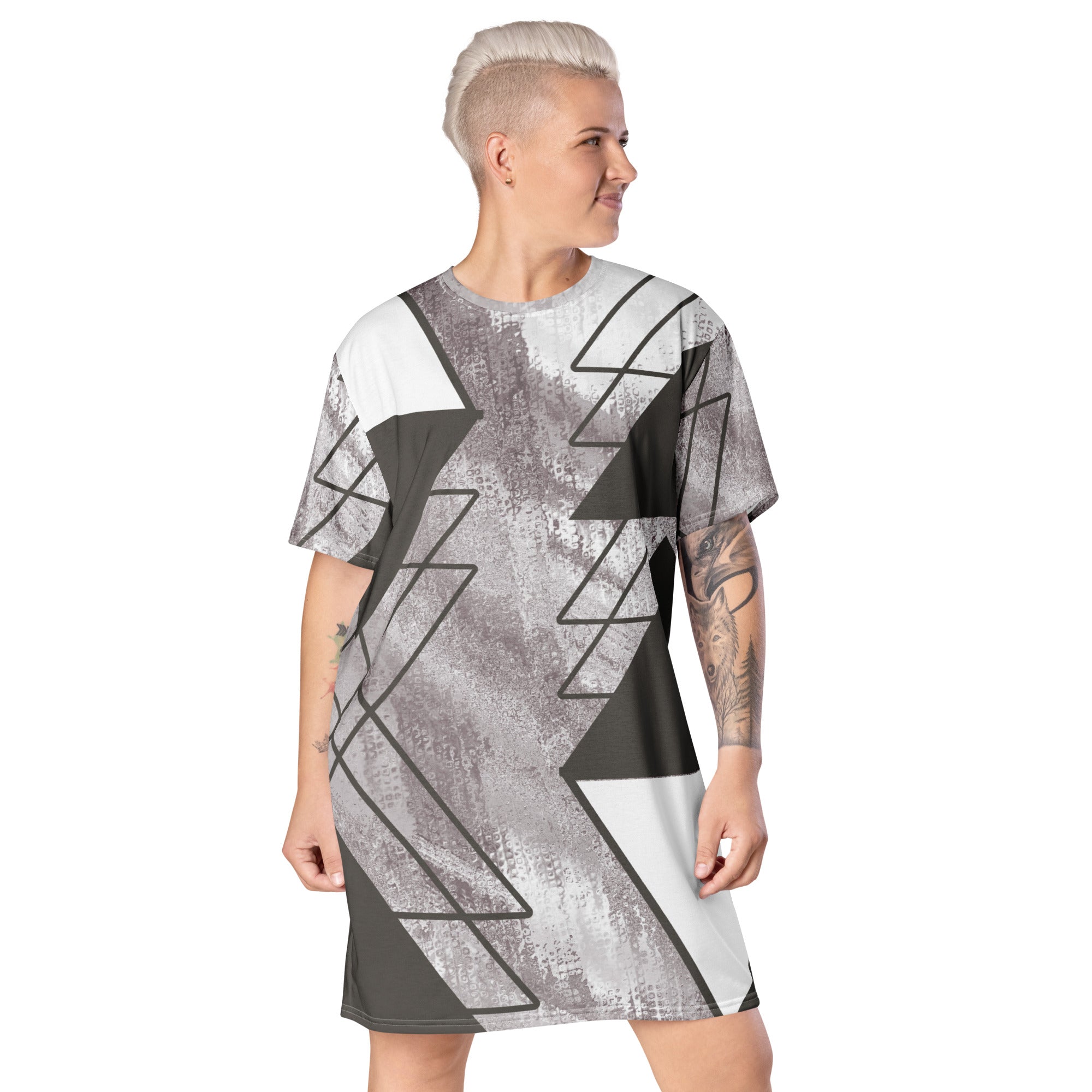 Womens Graphic T-shirt Dress in Ash Grey and White with a triangular colorblock design, showcasing its oversized fit and stylish look.