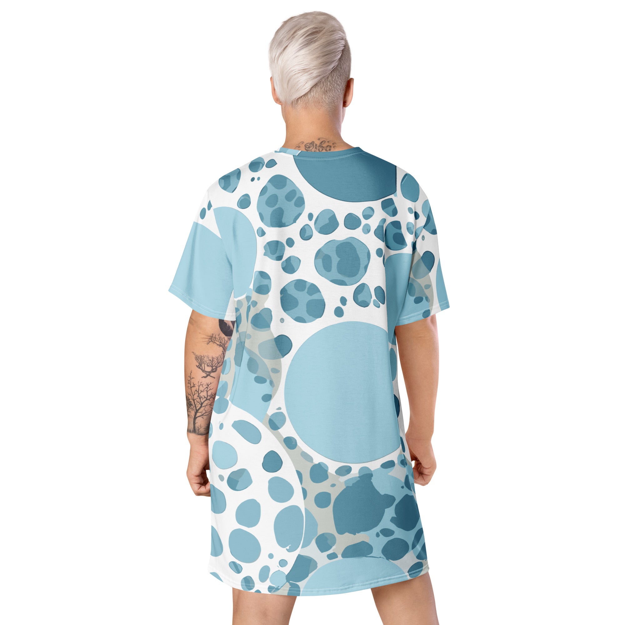 Women's Graphic T-shirt Dress in blue and white with circular spotted design, showcasing its oversized fit and stylish look.