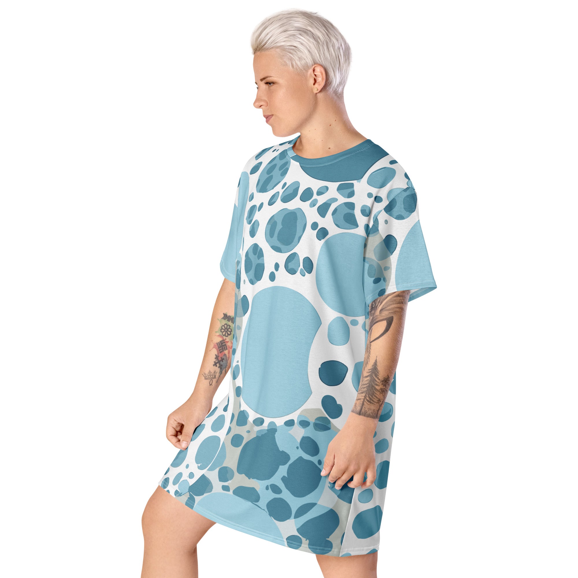 Women's Graphic T-shirt Dress in blue and white with circular spotted design, showcasing its oversized fit and stylish look.