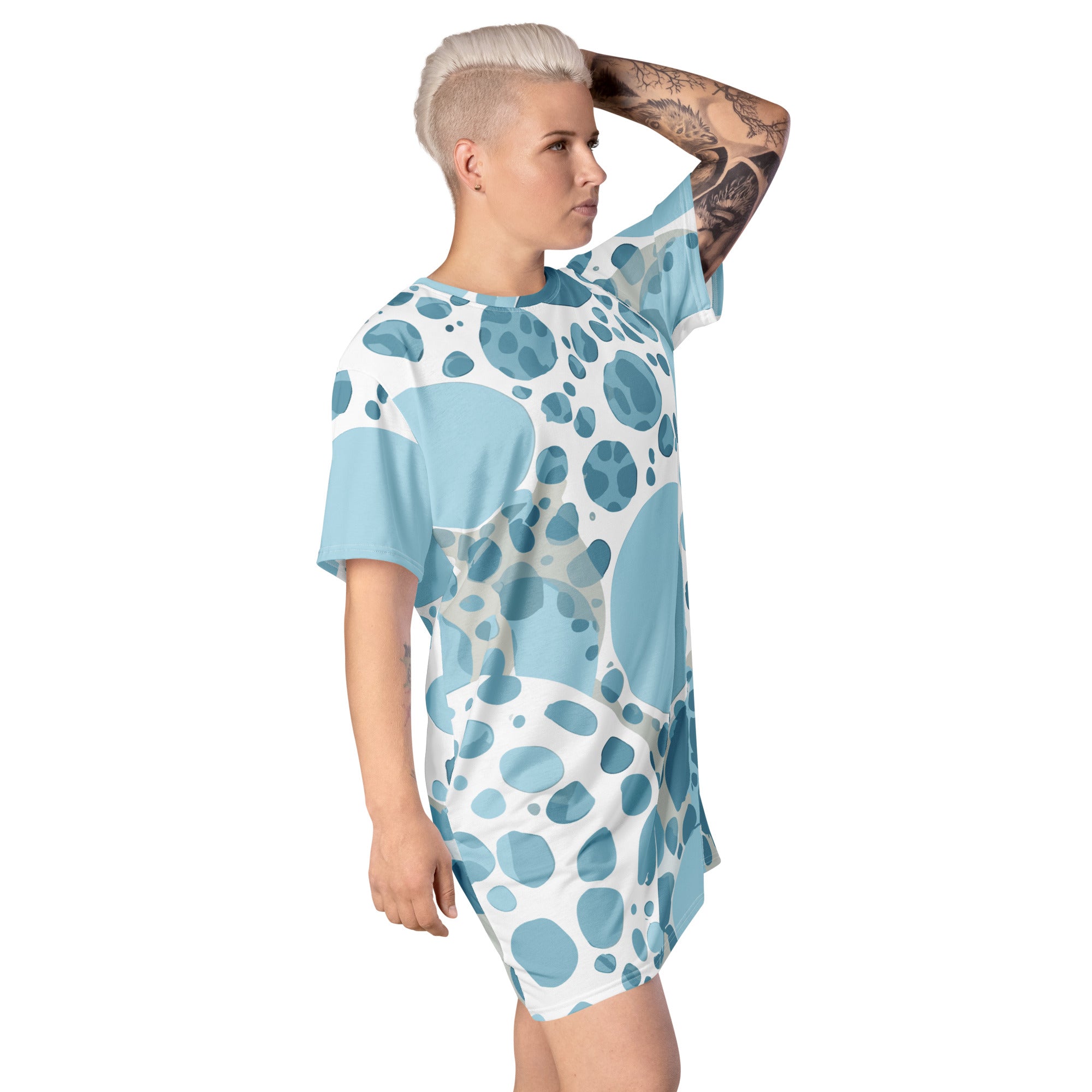 Women's Graphic T-shirt Dress in blue and white with circular spotted design, showcasing its oversized fit and stylish look.