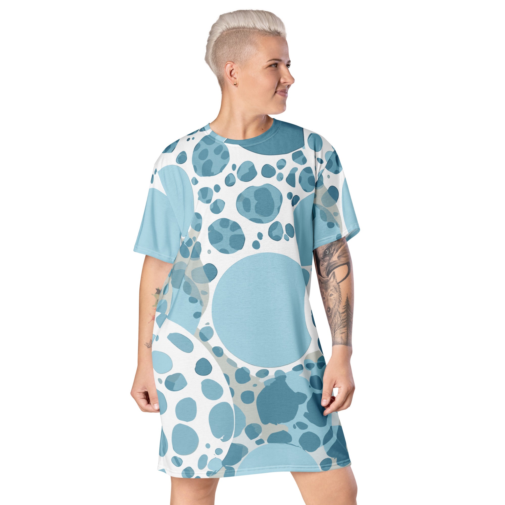 Women's Graphic T-shirt Dress in blue and white with circular spotted design, showcasing its oversized fit and stylish look.