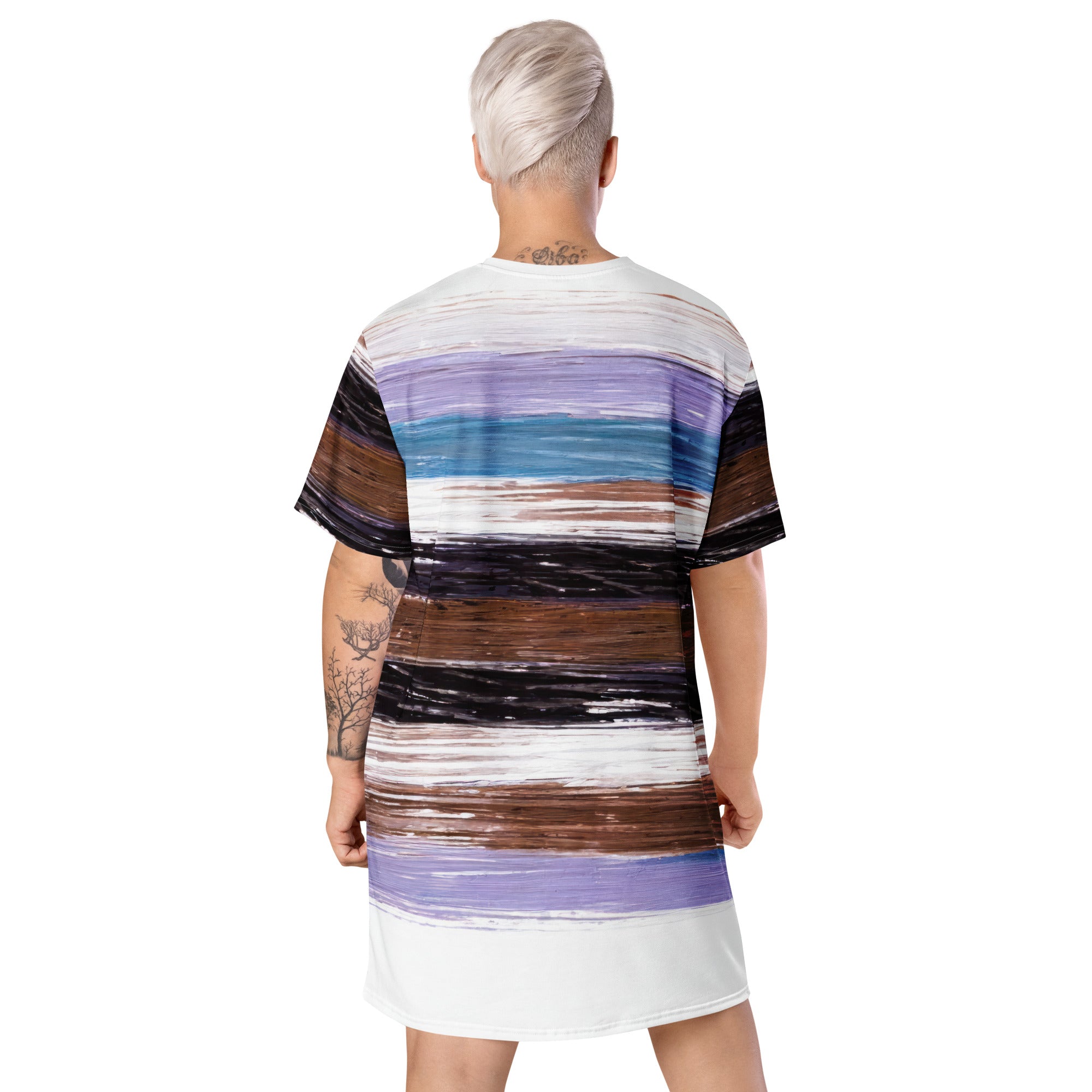 Womens Graphic T-shirt Dress featuring a Lavender, Black, and Brown Rustic Pattern, showcasing its oversized fit and stylish design.