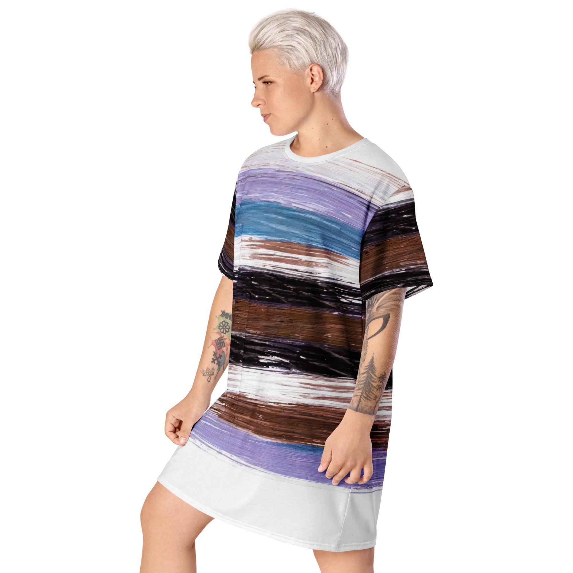 Womens Graphic T-shirt Dress featuring a Lavender, Black, and Brown Rustic Pattern, showcasing its oversized fit and stylish design.