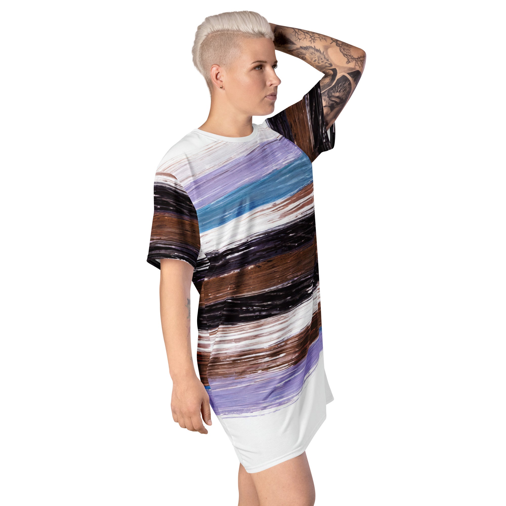 Womens Graphic T-shirt Dress featuring a Lavender, Black, and Brown Rustic Pattern, showcasing its oversized fit and stylish design.