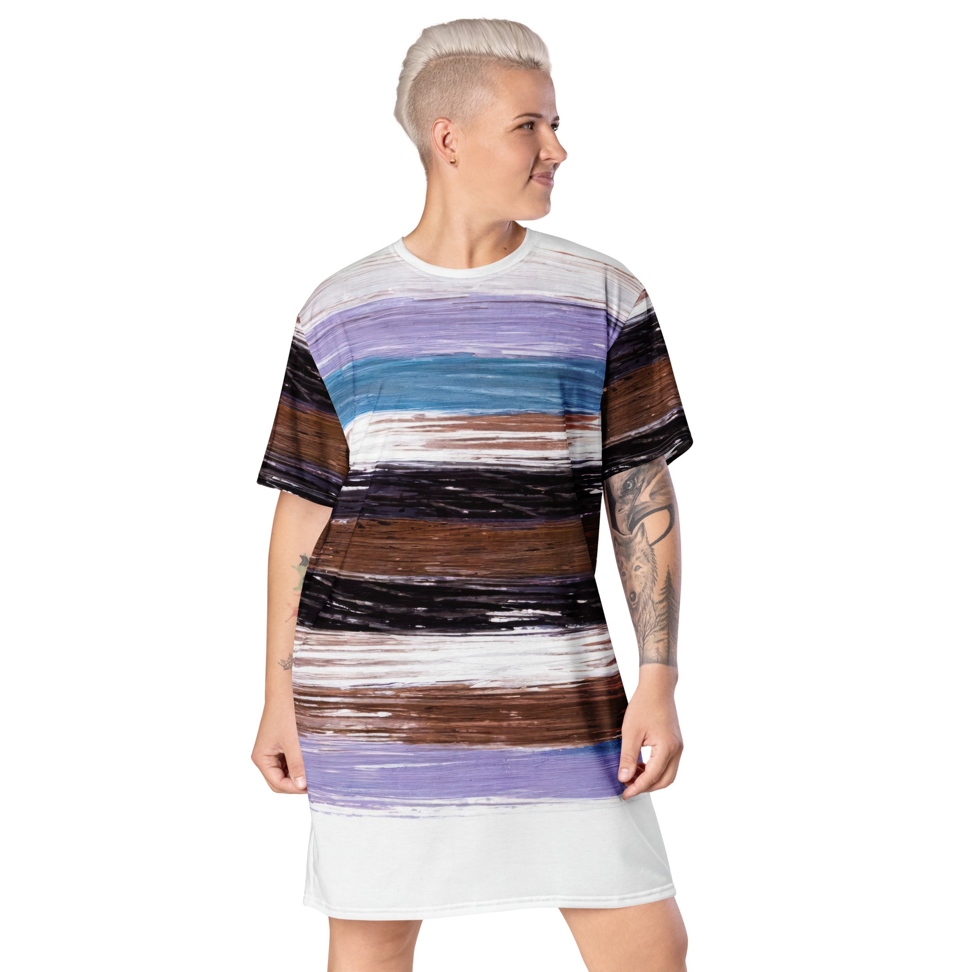 Womens Graphic T-shirt Dress featuring a Lavender, Black, and Brown Rustic Pattern, showcasing its oversized fit and stylish design.