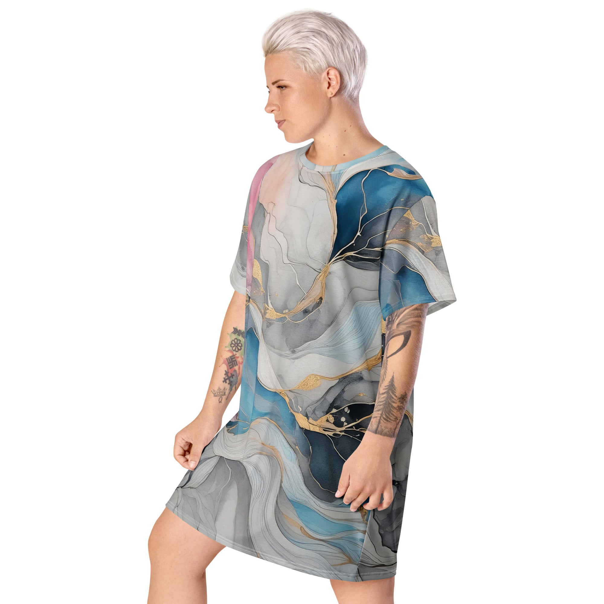 Womens Graphic T-shirt Dress featuring a Marble Cloud design in Grey, Pink, and Blue, showcasing its oversized fit and stylish look.