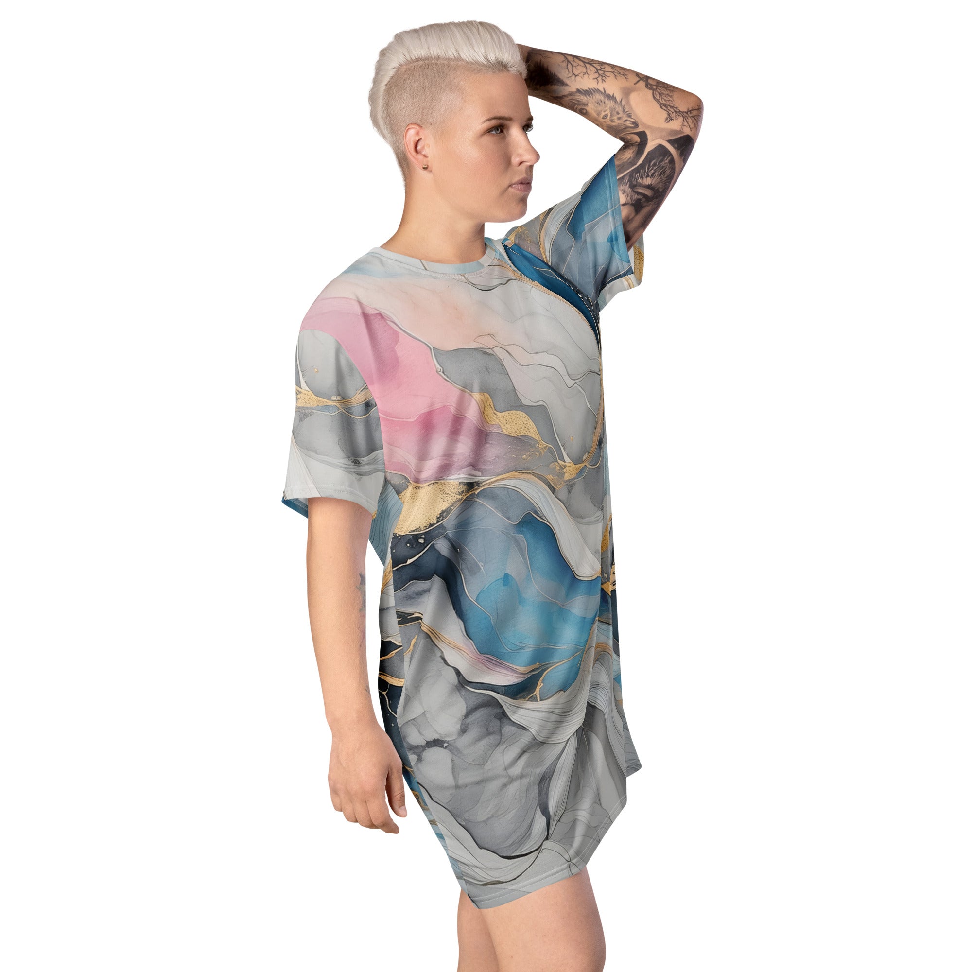 Womens Graphic T-shirt Dress featuring a Marble Cloud design in Grey, Pink, and Blue, showcasing its oversized fit and stylish look.