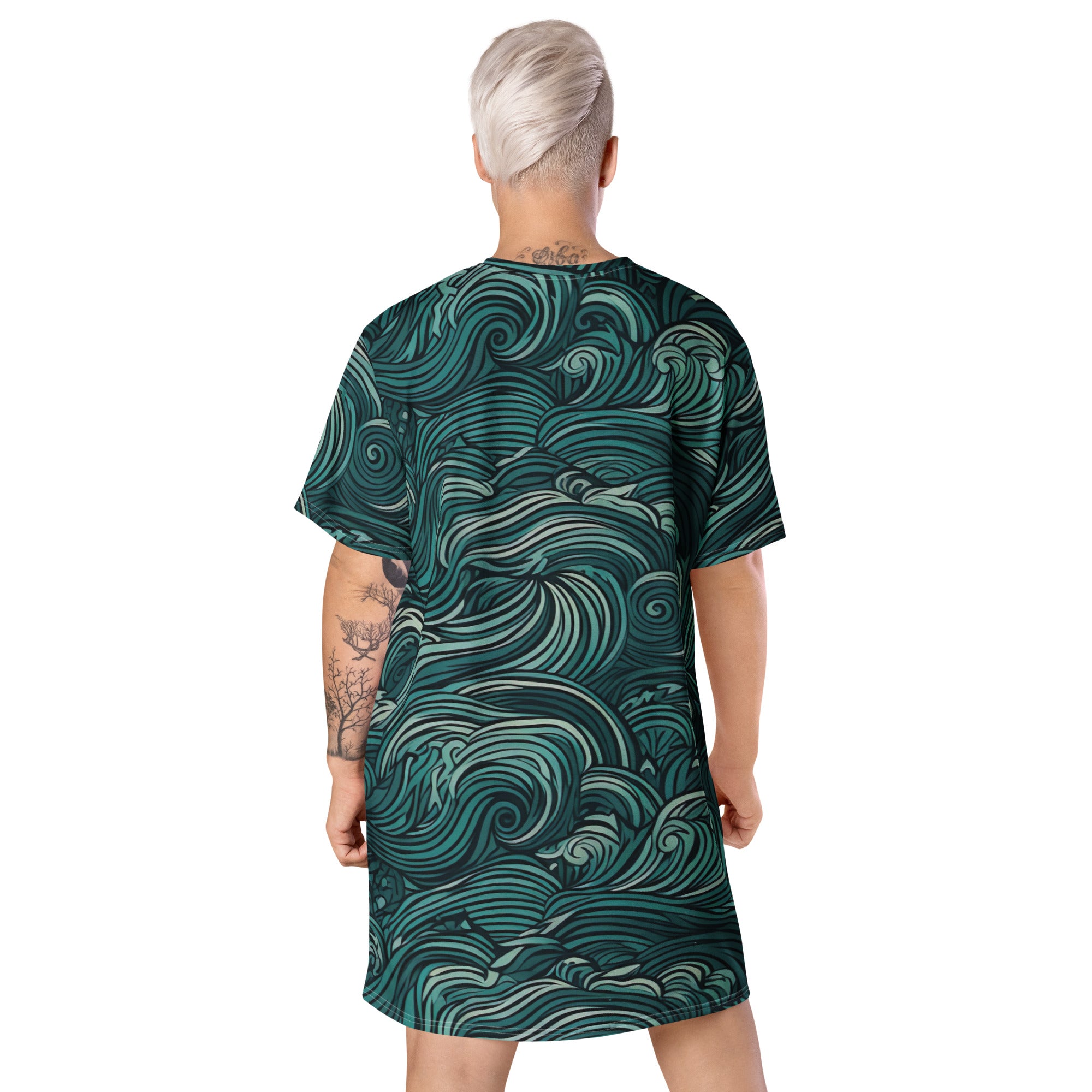 Womens Graphic T-shirt Dress in mint green featuring a water wave print, showcasing its oversized fit and stylish design.