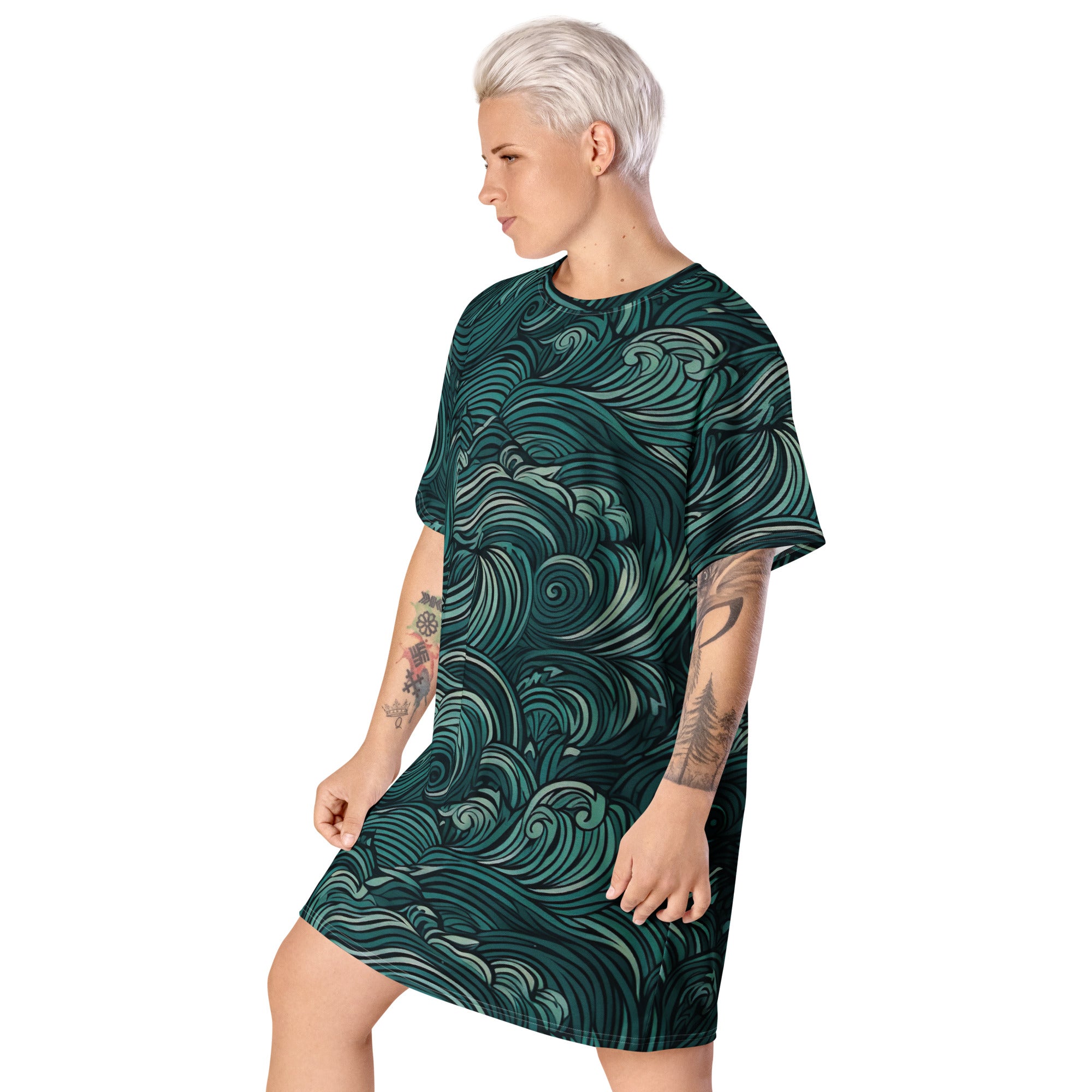 Womens Graphic T-shirt Dress in mint green featuring a water wave print, showcasing its oversized fit and stylish design.