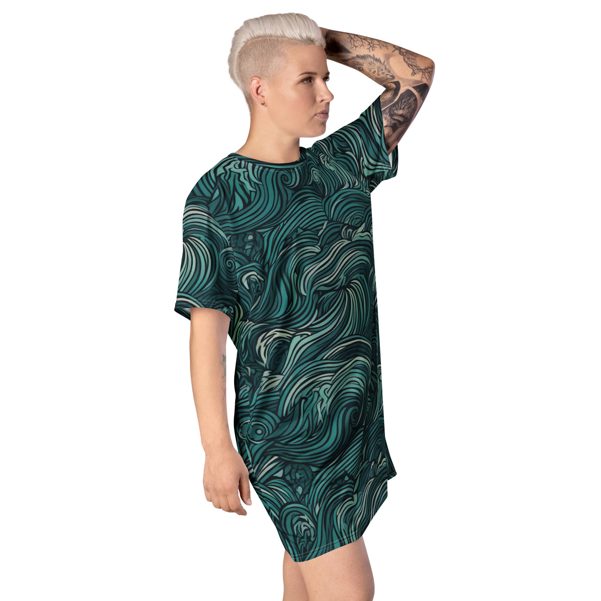 Womens Graphic T-shirt Dress in mint green featuring a water wave print, showcasing its oversized fit and stylish design.