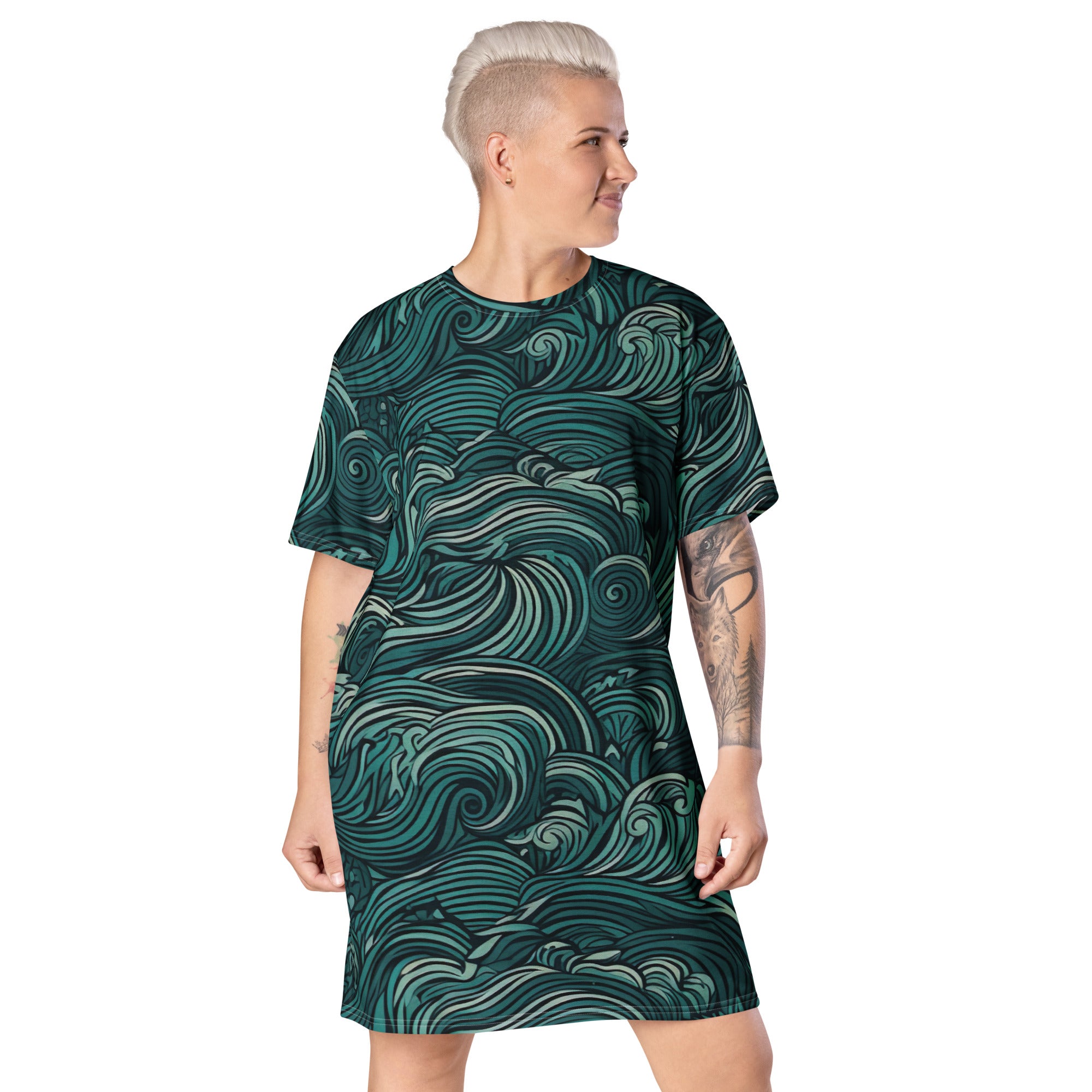 Womens Graphic T-shirt Dress in mint green featuring a water wave print, showcasing its oversized fit and stylish design.