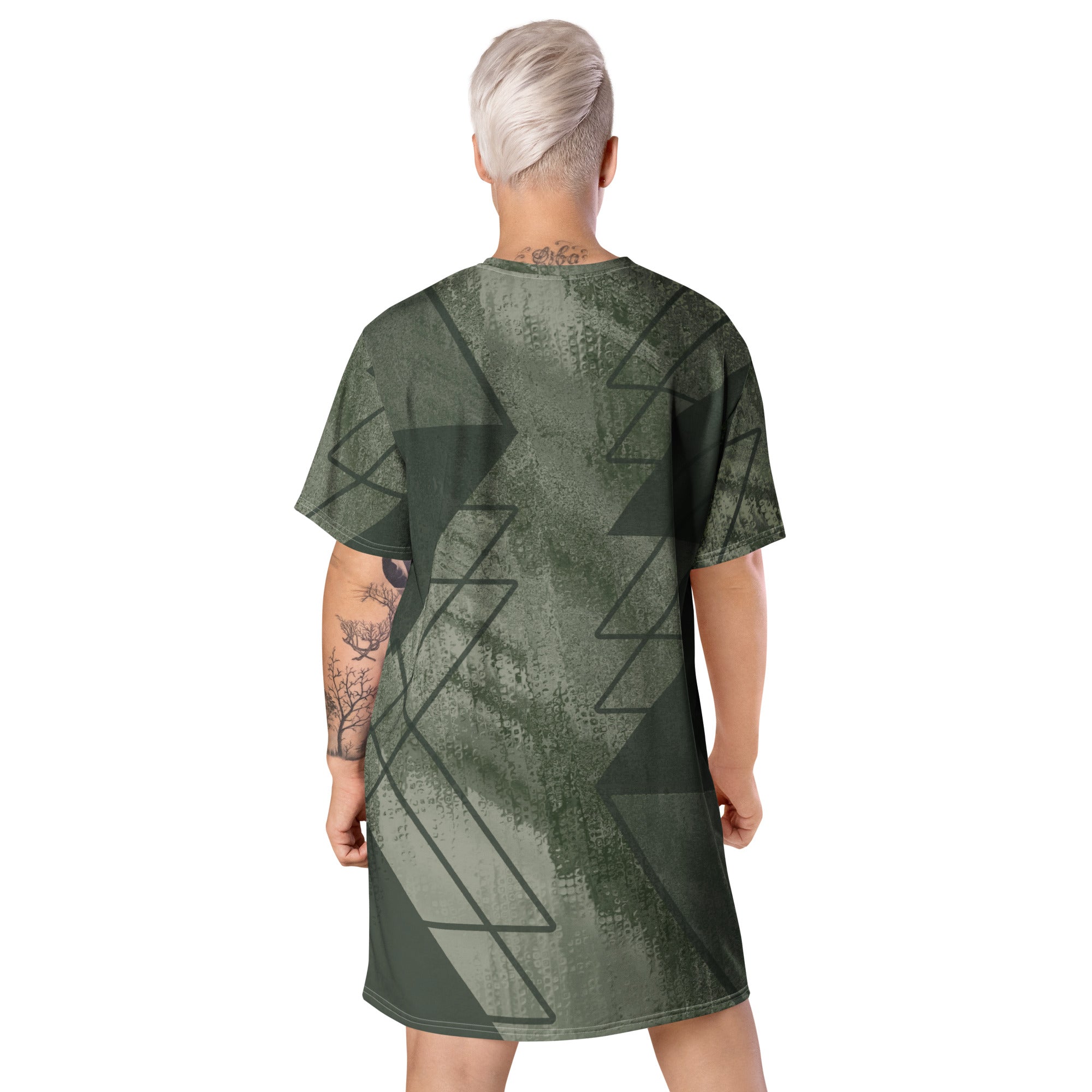 Womens Graphic T-shirt Dress in Olive Green with Triangular Colorblock design, showcasing its oversized fit and stylish look.