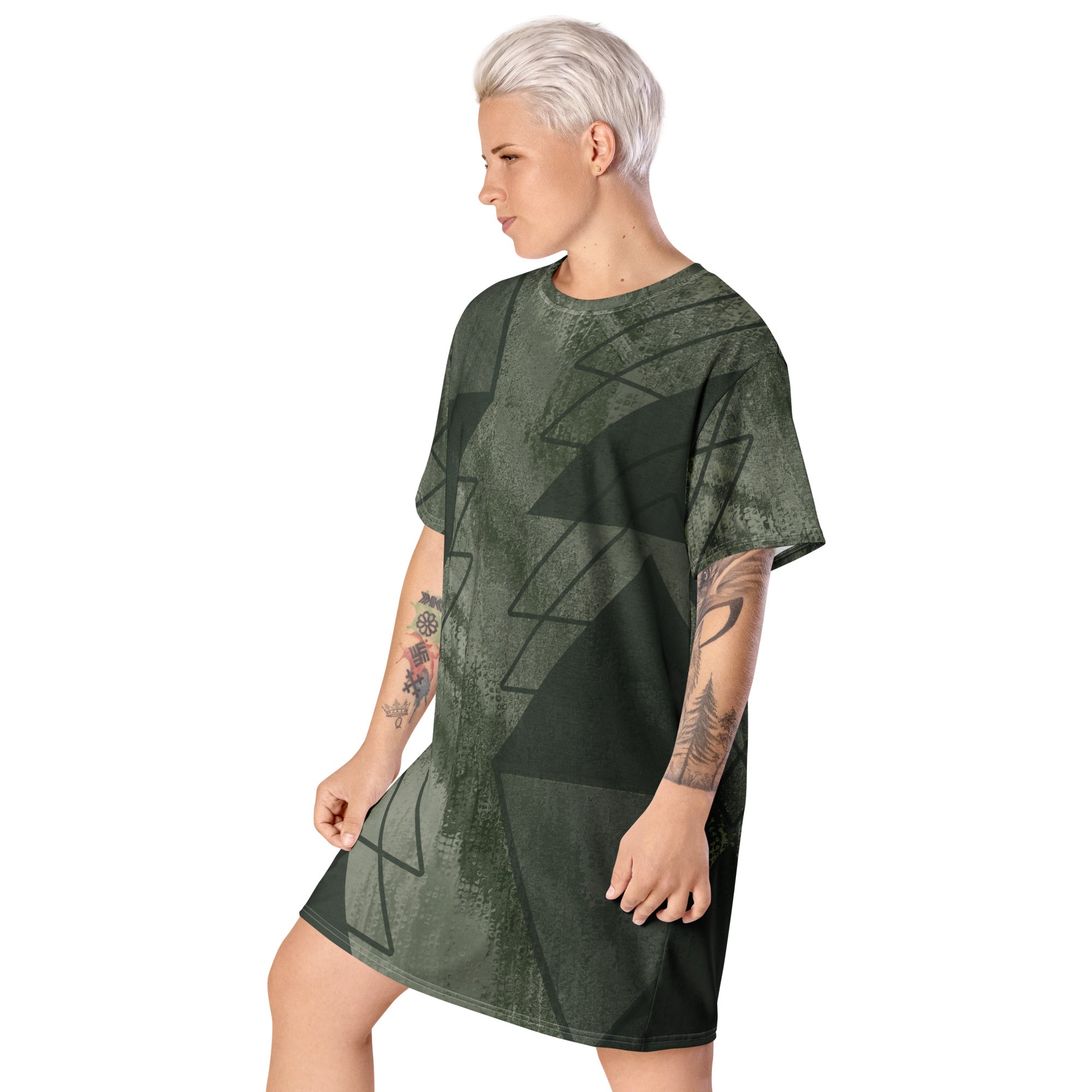 Womens Graphic T-shirt Dress in Olive Green with Triangular Colorblock design, showcasing its oversized fit and stylish look.