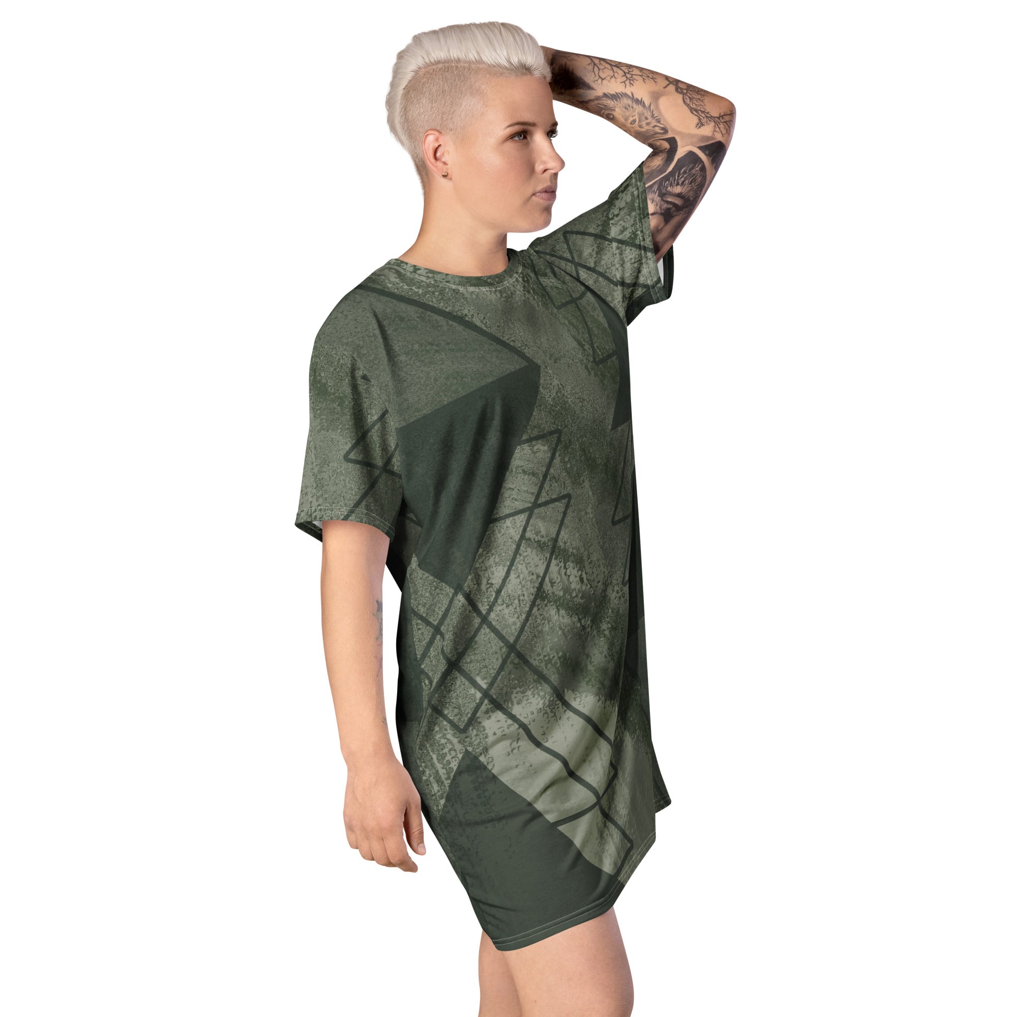 Womens Graphic T-shirt Dress in Olive Green with Triangular Colorblock design, showcasing its oversized fit and stylish look.