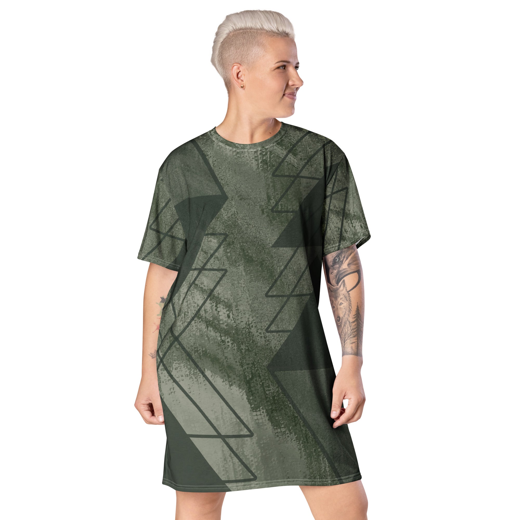 Womens Graphic T-shirt Dress in Olive Green with Triangular Colorblock design, showcasing its oversized fit and stylish look.