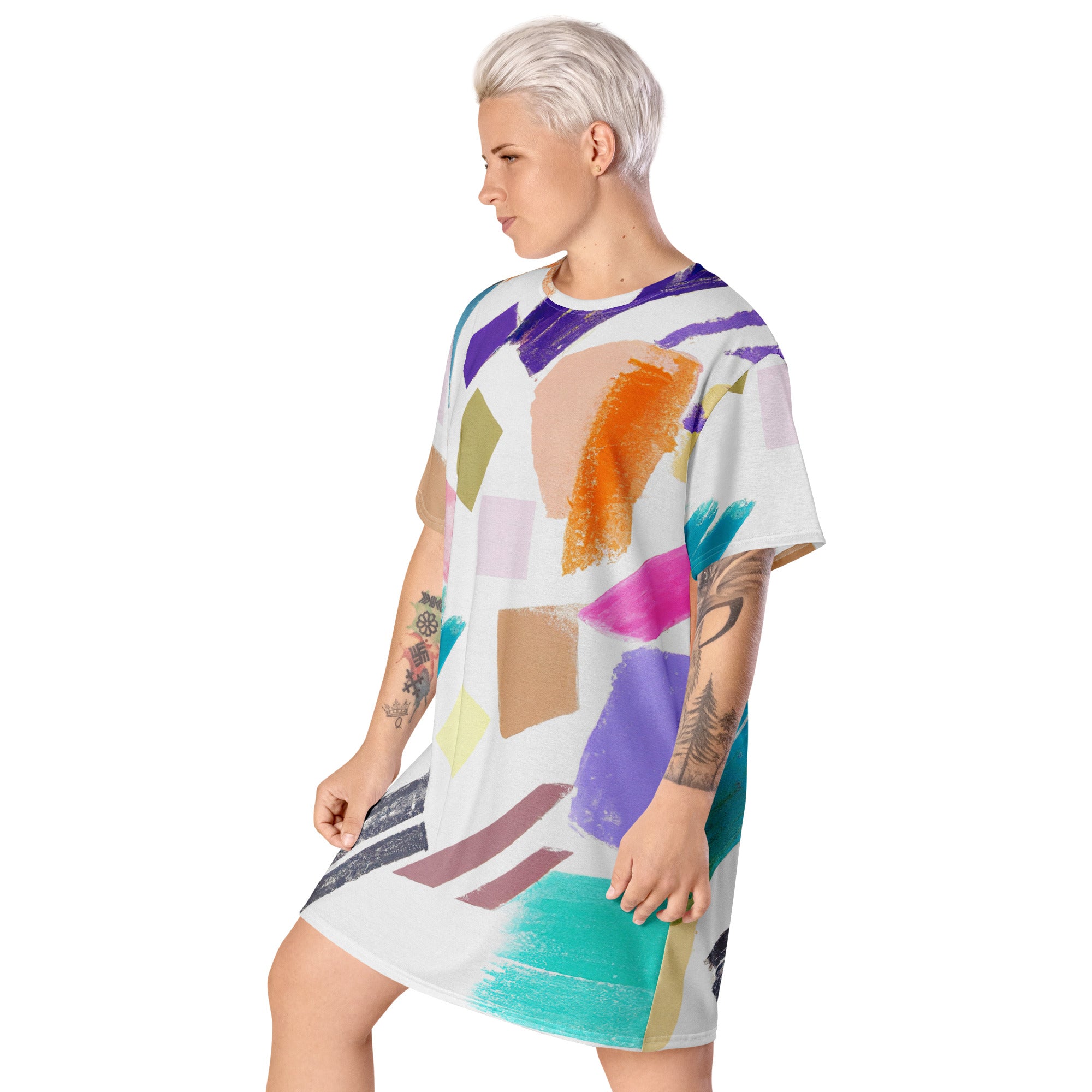 Womens Graphic T-shirt Dress featuring a pastel pattern, showcasing its comfortable oversized fit and stylish design.