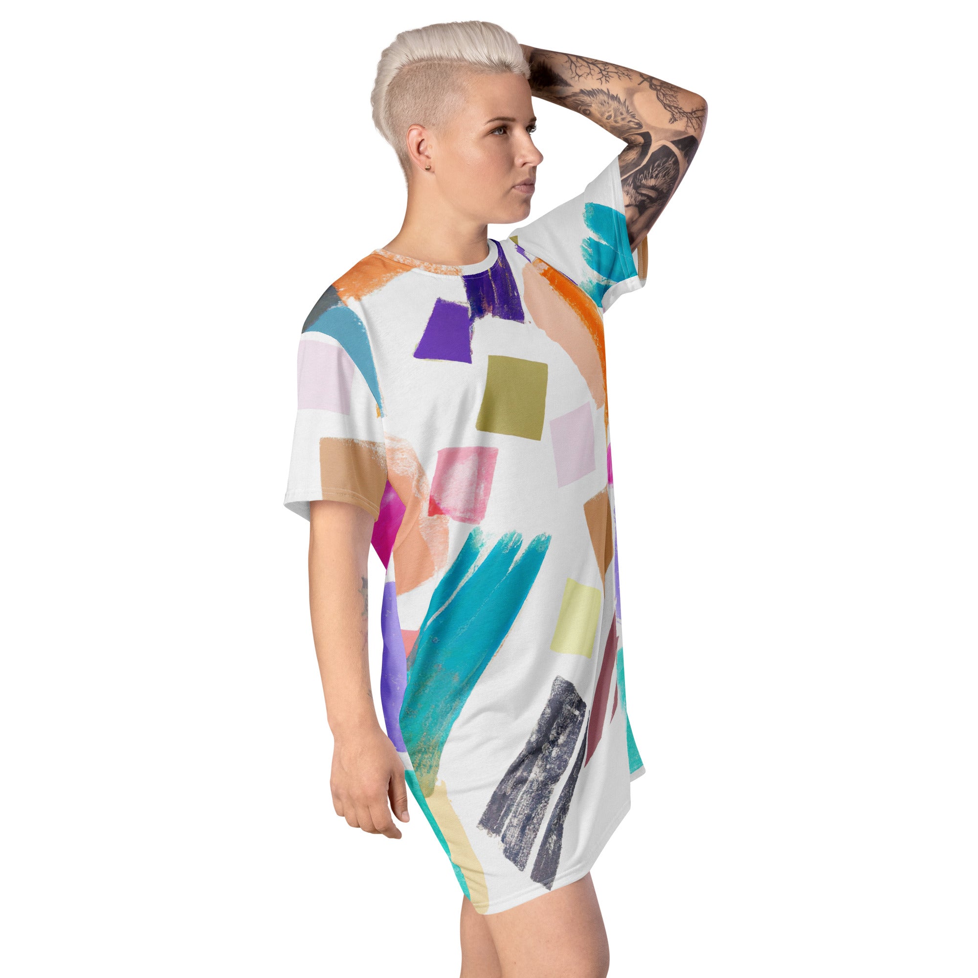 Womens Graphic T-shirt Dress featuring a pastel pattern, showcasing its comfortable oversized fit and stylish design.