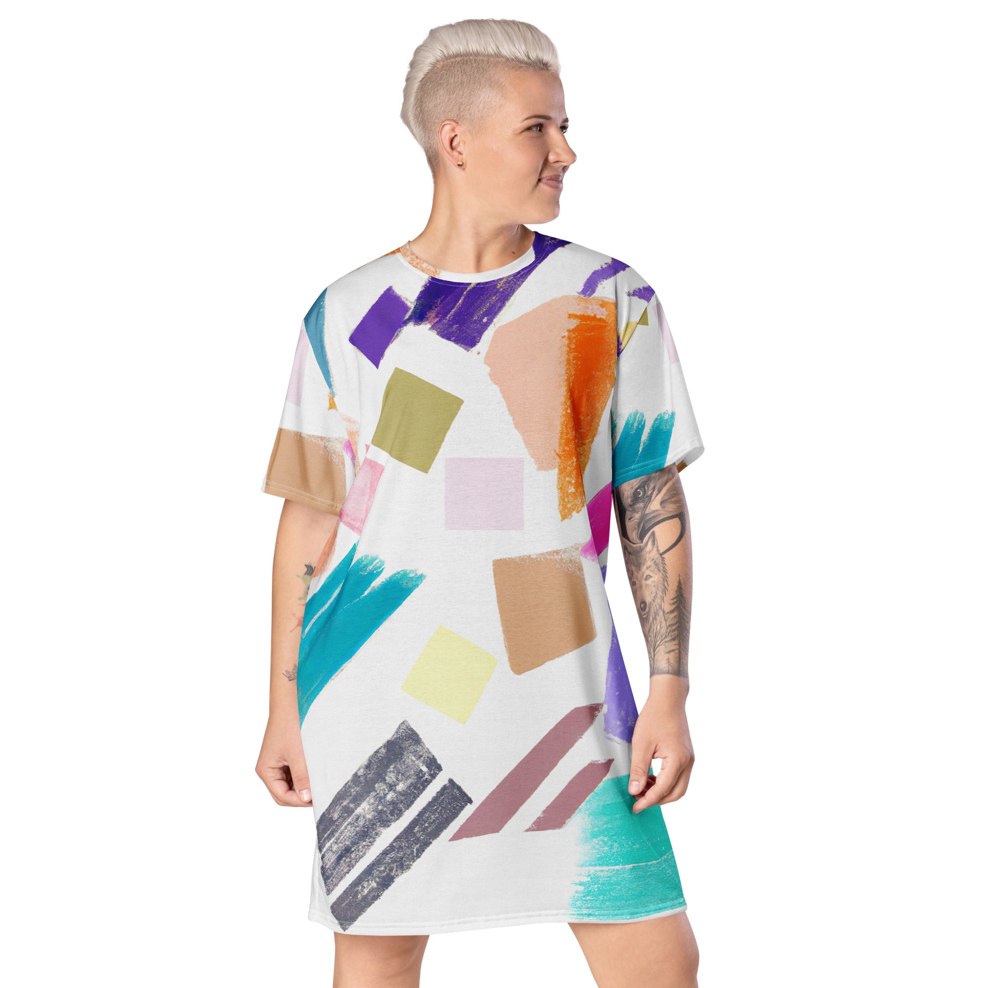 Womens Graphic T-shirt Dress featuring a pastel pattern, showcasing its comfortable oversized fit and stylish design.