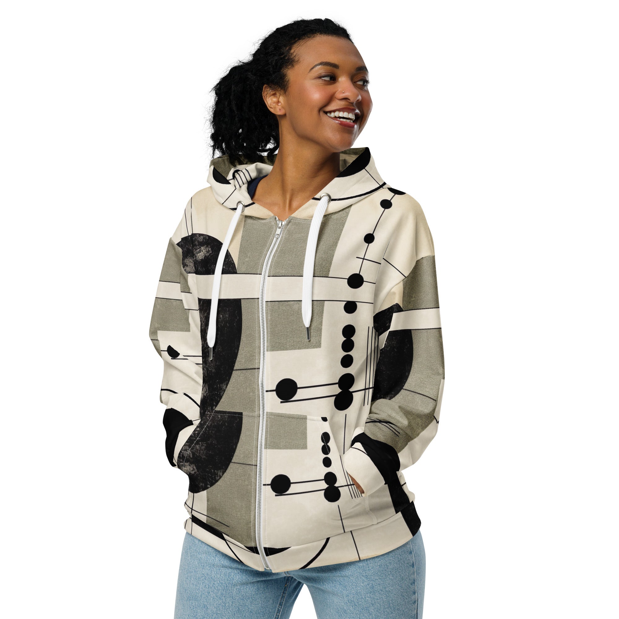 Womens Graphic Zip Hoodie in black, beige, and brown with abstract geometric shapes, featuring a zip front and double-lined hood.