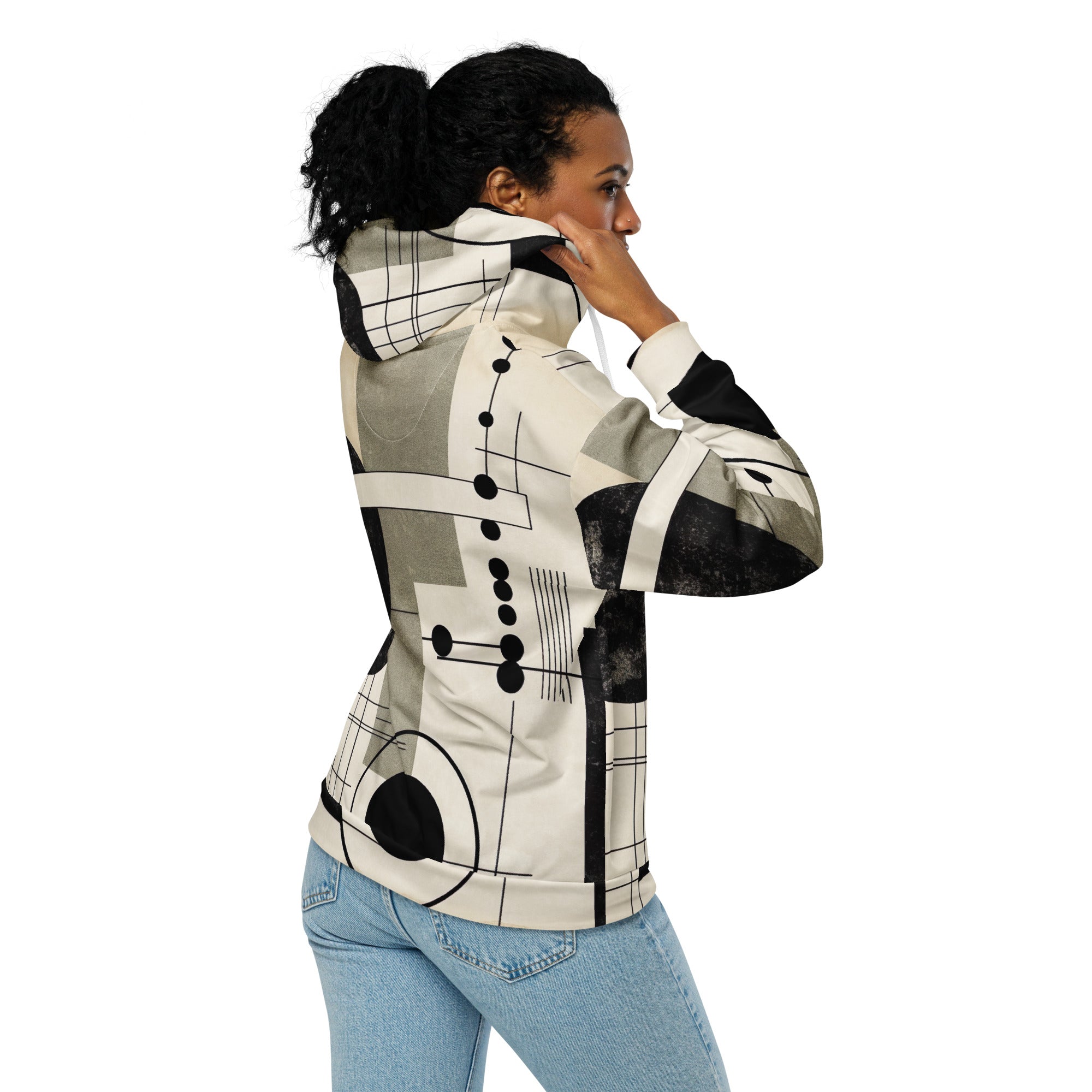 Womens Graphic Zip Hoodie in black, beige, and brown with abstract geometric shapes, featuring a zip front and double-lined hood.