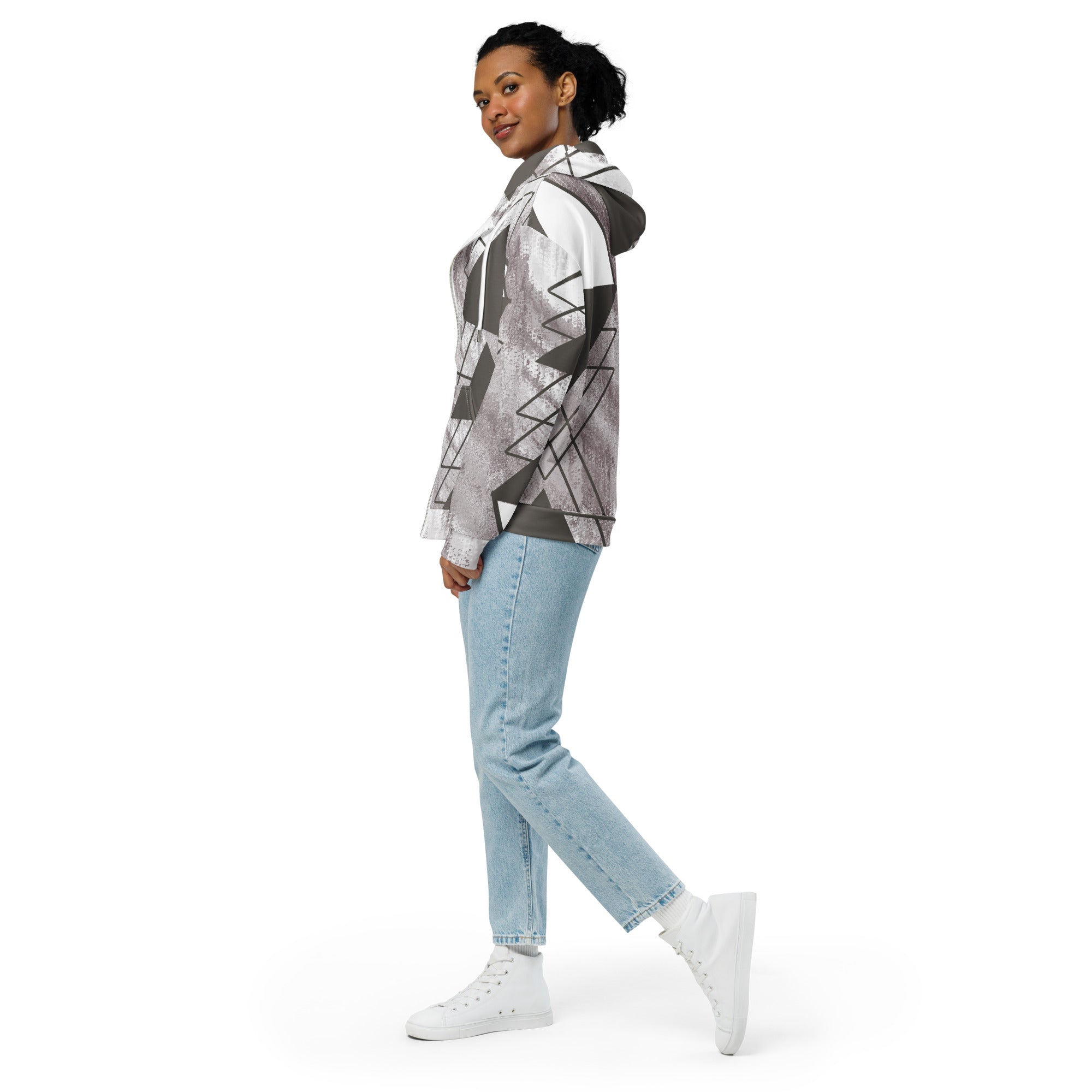 Womens Graphic Zip Hoodie in Ash Grey and White with Triangular Colorblock design, featuring a relaxed fit and double-lined hood.