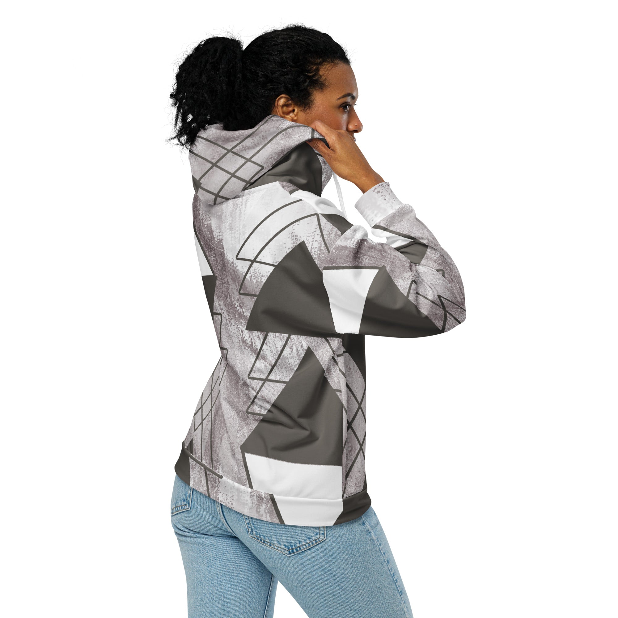 Womens Graphic Zip Hoodie in Ash Grey and White with Triangular Colorblock design, featuring a relaxed fit and double-lined hood.