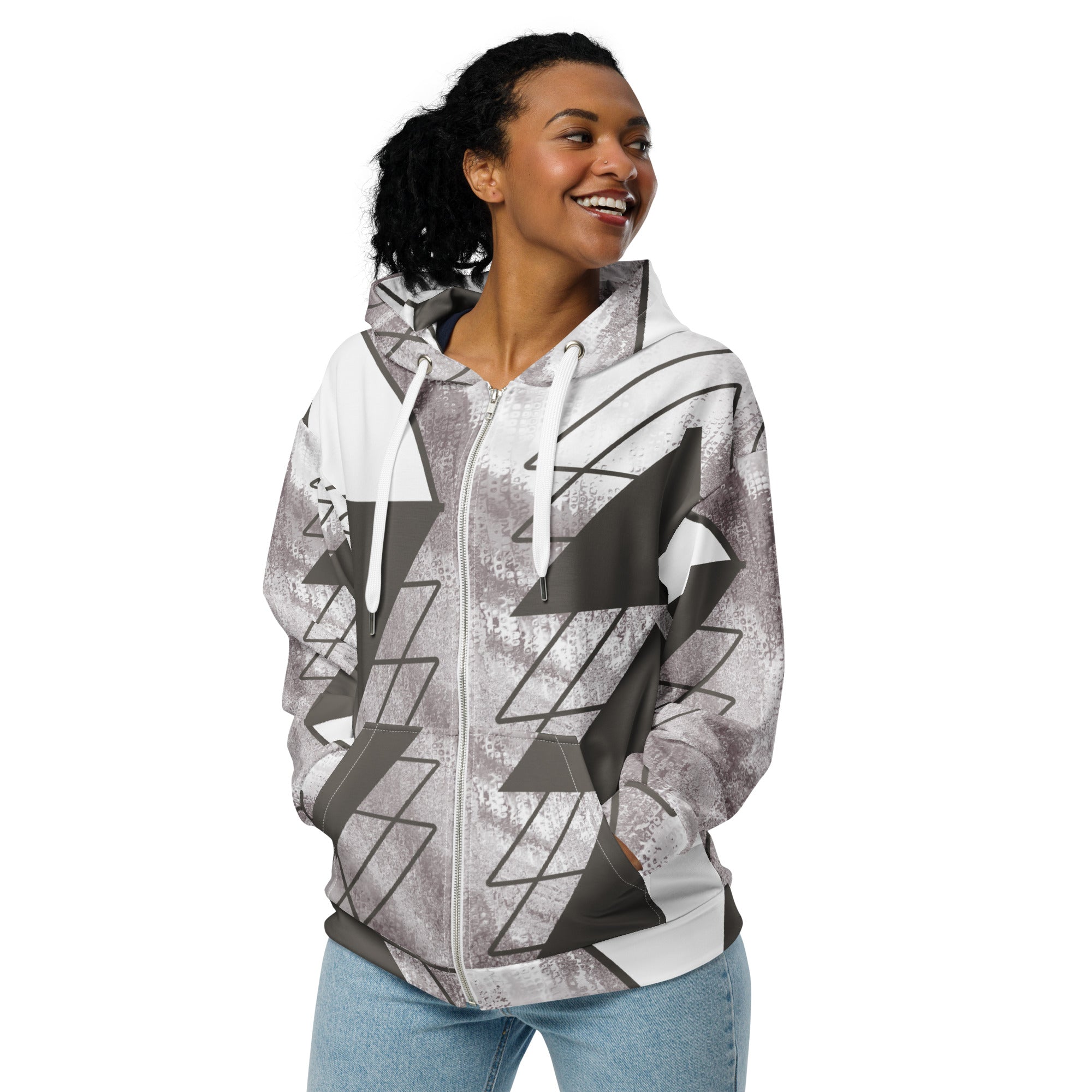 Womens Graphic Zip Hoodie in Ash Grey and White with Triangular Colorblock design, featuring a relaxed fit and double-lined hood.