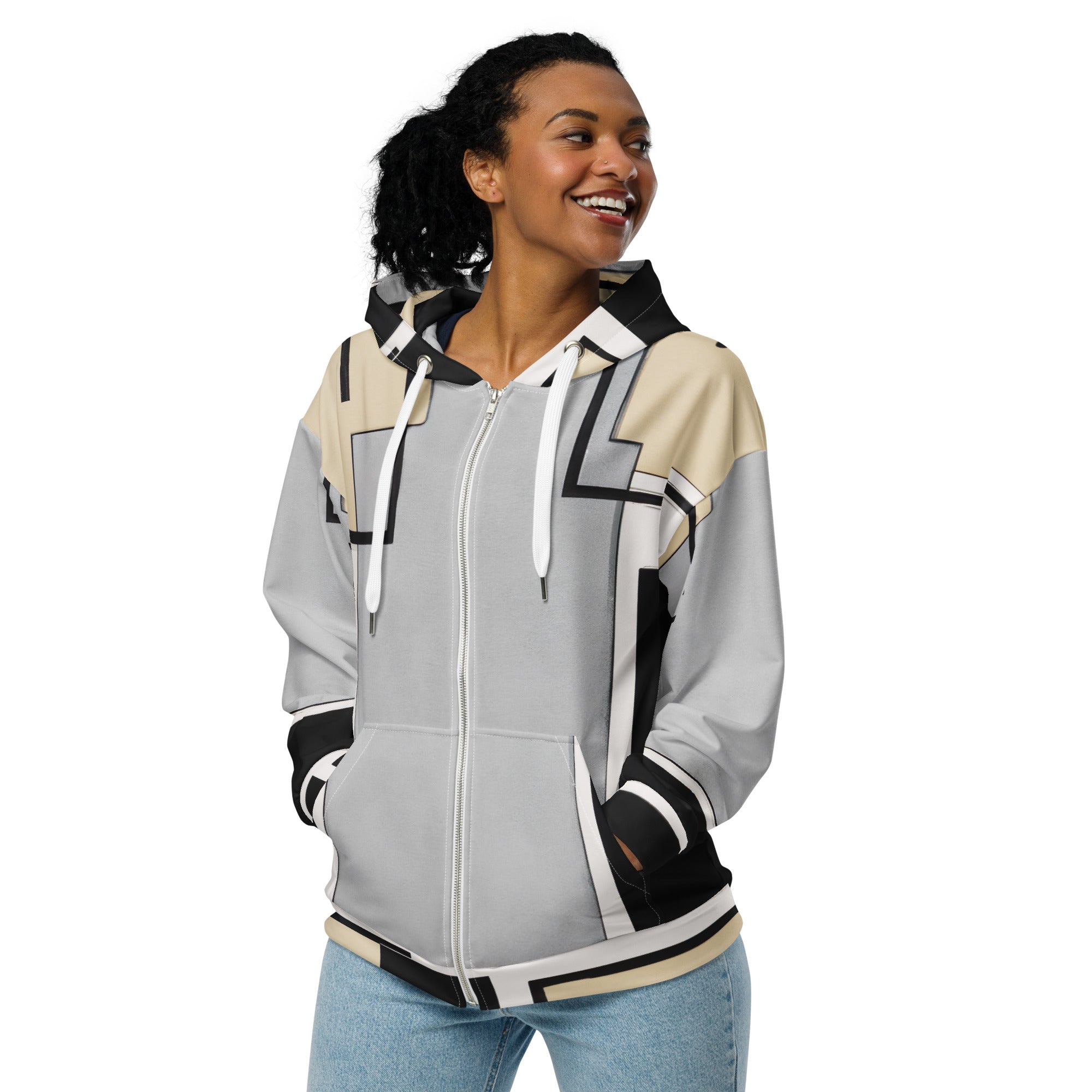 Womens Graphic Zip Hoodie in black and grey with an abstract pattern, featuring a zip closure and a double-lined hood.