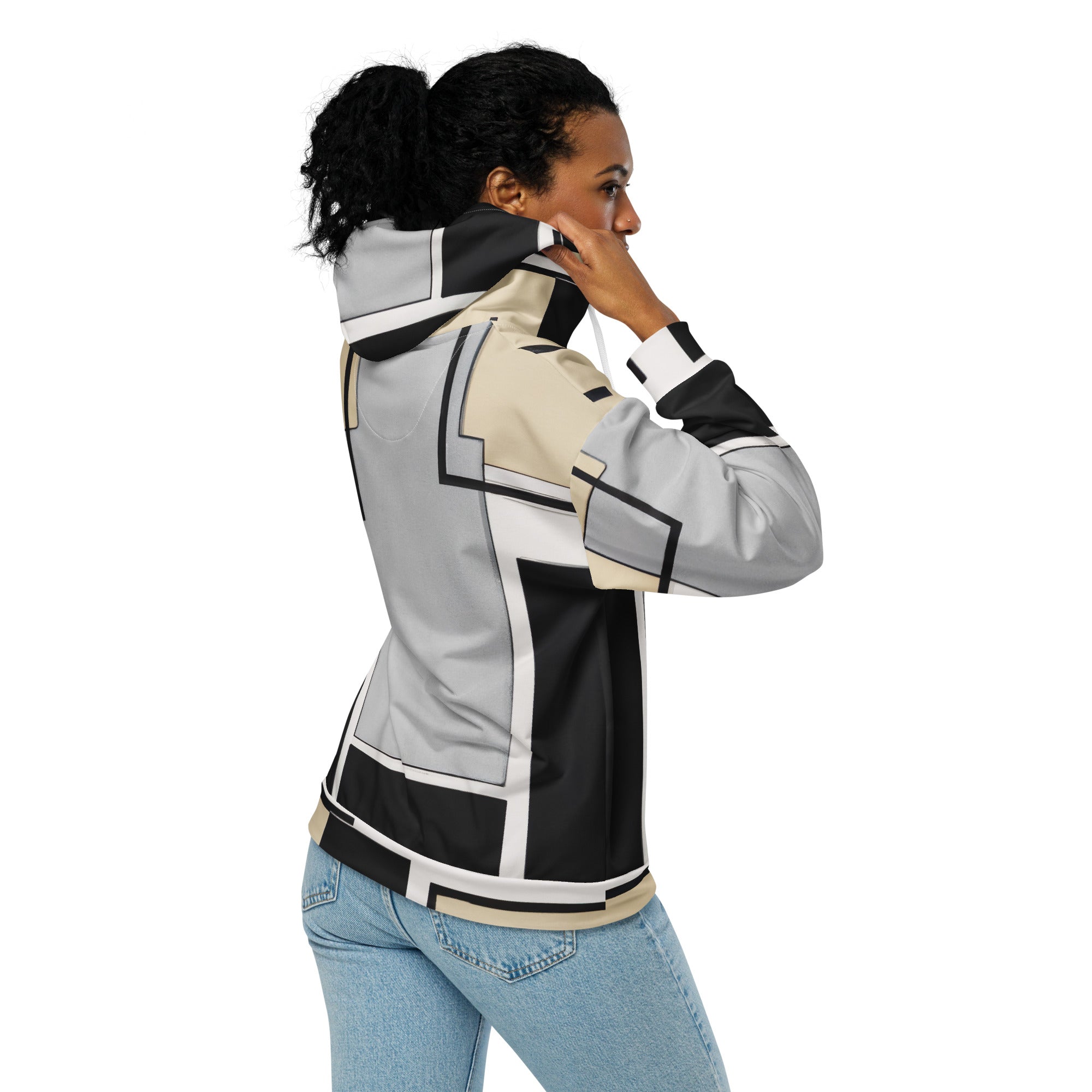 Womens Graphic Zip Hoodie in black and grey with an abstract pattern, featuring a zip closure and a double-lined hood.