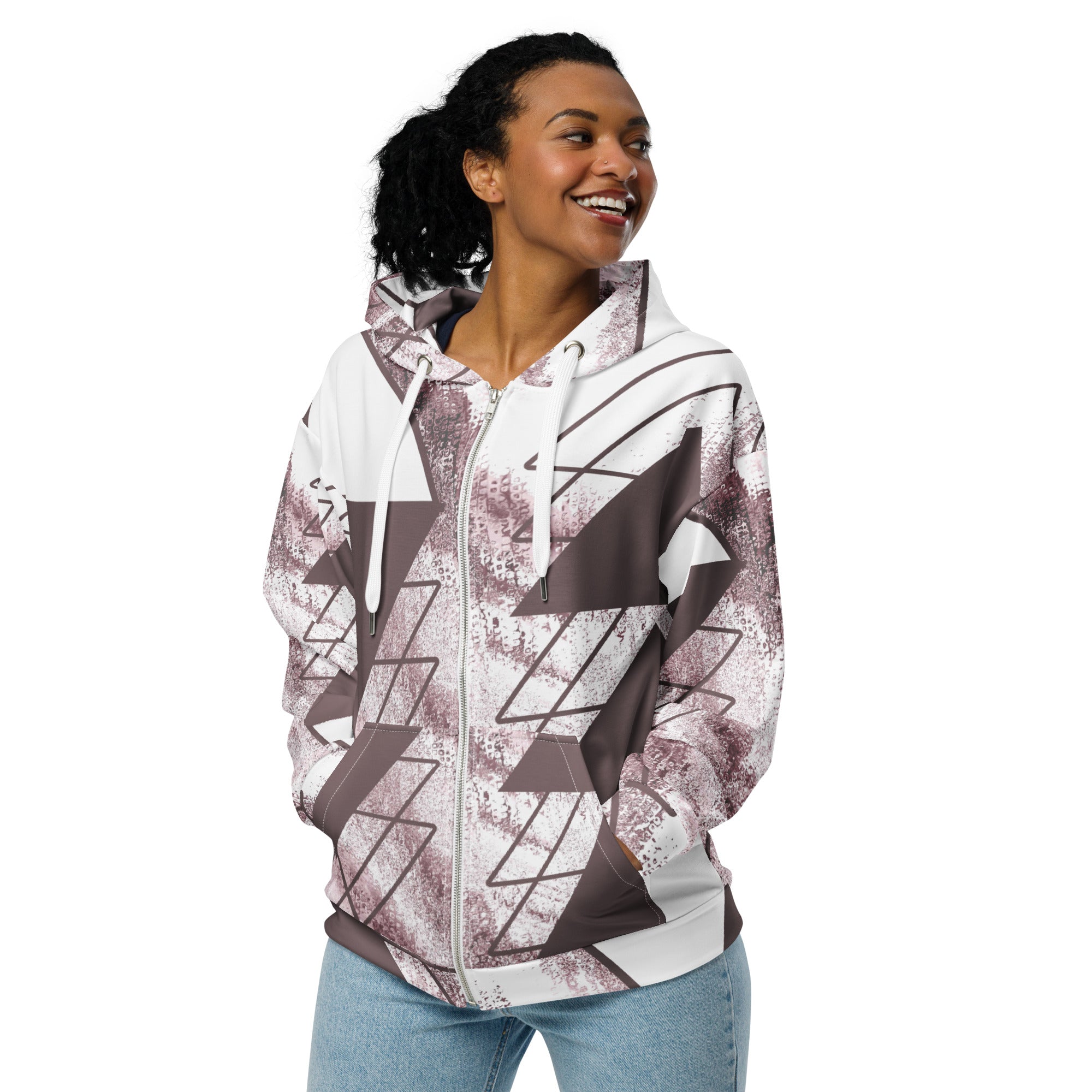 Womens Graphic Zip Hoodie in Mauve Rose featuring a white triangular colorblock design, showcasing its soft fabric and relaxed fit.