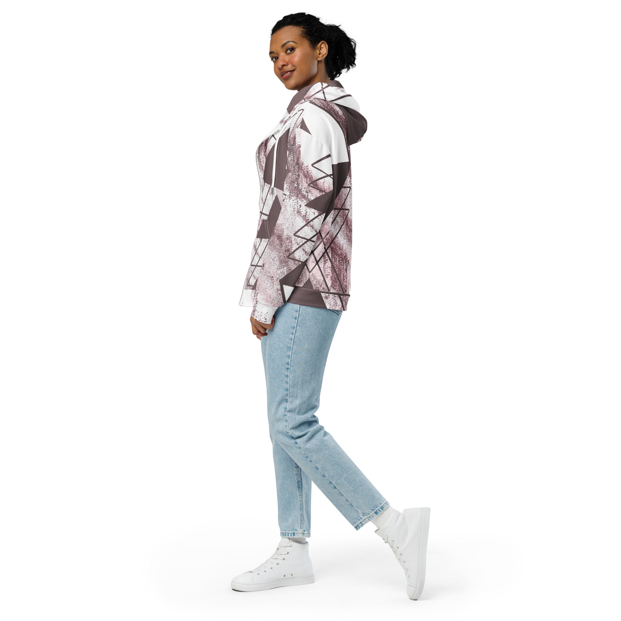 Womens Graphic Zip Hoodie in Mauve Rose featuring a white triangular colorblock design, showcasing its soft fabric and relaxed fit.