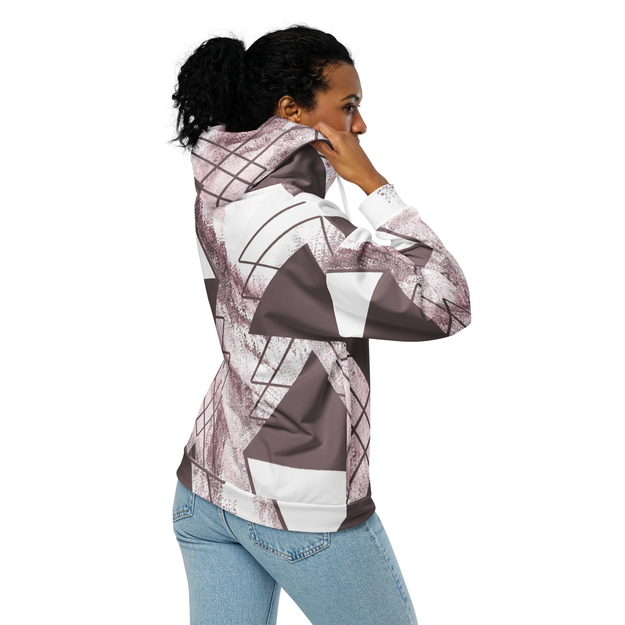 Womens Graphic Zip Hoodie in Mauve Rose featuring a white triangular colorblock design, showcasing its soft fabric and relaxed fit.