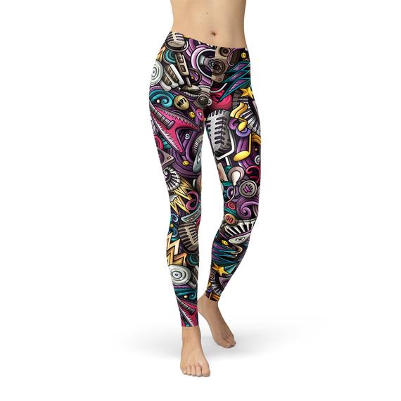 Womens Grunge Rock n Roll Leggings featuring a unique graphic design, perfect for workouts and casual wear.