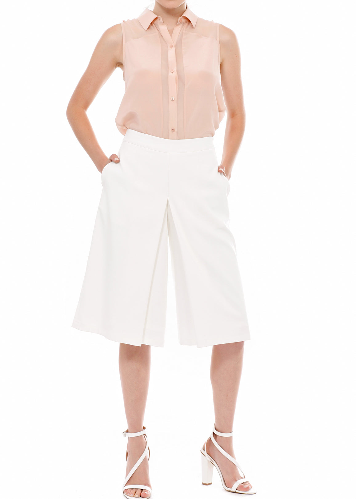 Women's High Rise Overlay Culottes featuring a skirt impression overlay and side pockets, made from high stretch twill fabric.