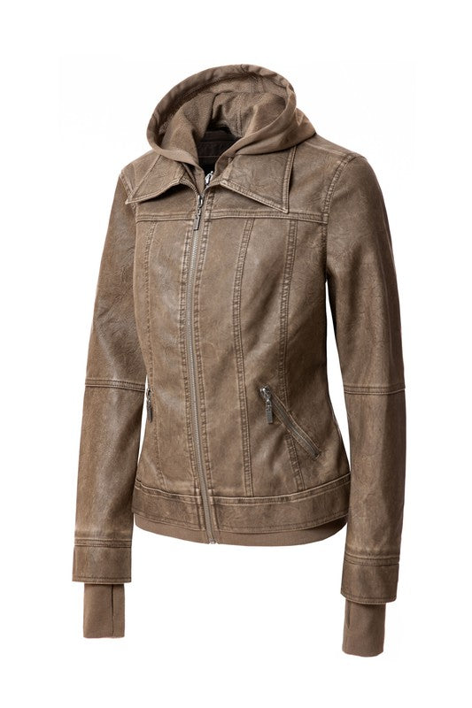 Women's Hooded Vegan Leather Jacket in various colors with detachable hood and stand collar design.