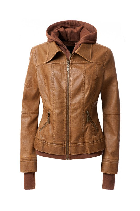 Women's Hooded Vegan Leather Jacket in various colors with detachable hood and stand collar design.