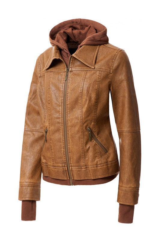 Women's Hooded Vegan Leather Jacket in various colors with detachable hood and stand collar design.