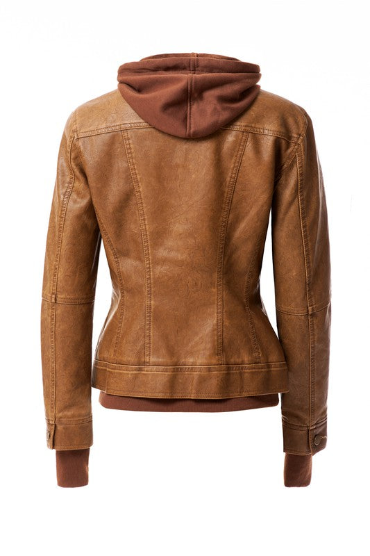 Women's Hooded Vegan Leather Jacket in various colors with detachable hood and stand collar design.