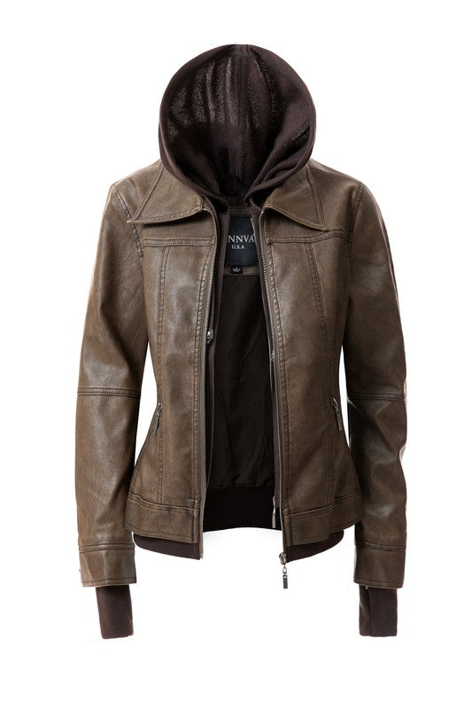 Women's Hooded Vegan Leather Jacket in various colors with detachable hood and stand collar design.