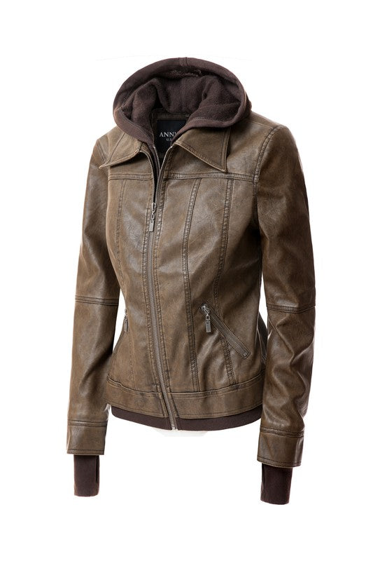 Women's Hooded Vegan Leather Jacket in various colors with detachable hood and stand collar design.