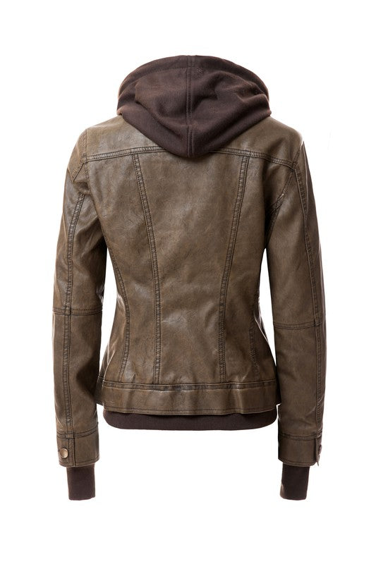 Women's Hooded Vegan Leather Jacket in various colors with detachable hood and stand collar design.