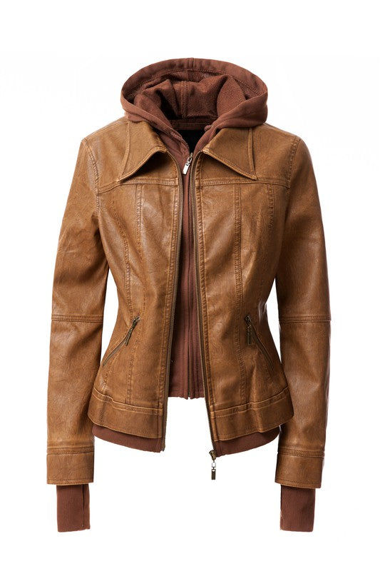 Women's Hooded Vegan Leather Jacket in various colors with detachable hood and stand collar design.