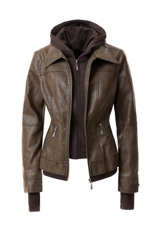 Women's Hooded Vegan Leather Jacket in various colors with detachable hood and stand collar design.