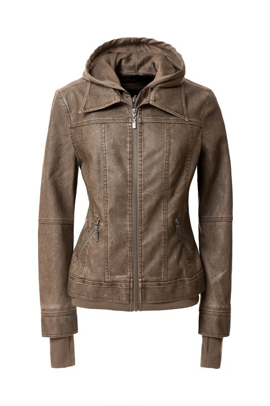 Women's Hooded Vegan Leather Jacket in various colors with detachable hood and stand collar design.