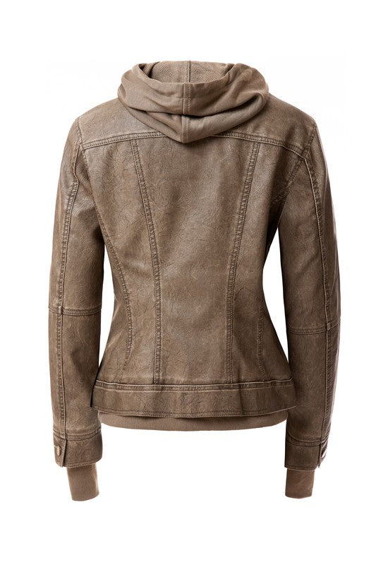 Women's Hooded Vegan Leather Jacket in various colors with detachable hood and stand collar design.