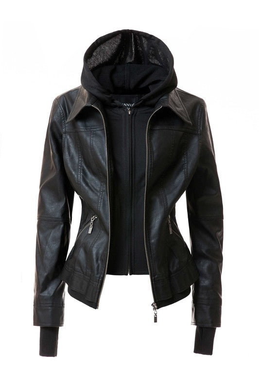 Women's Hooded Vegan Leather Jacket in various colors with detachable hood and stand collar design.