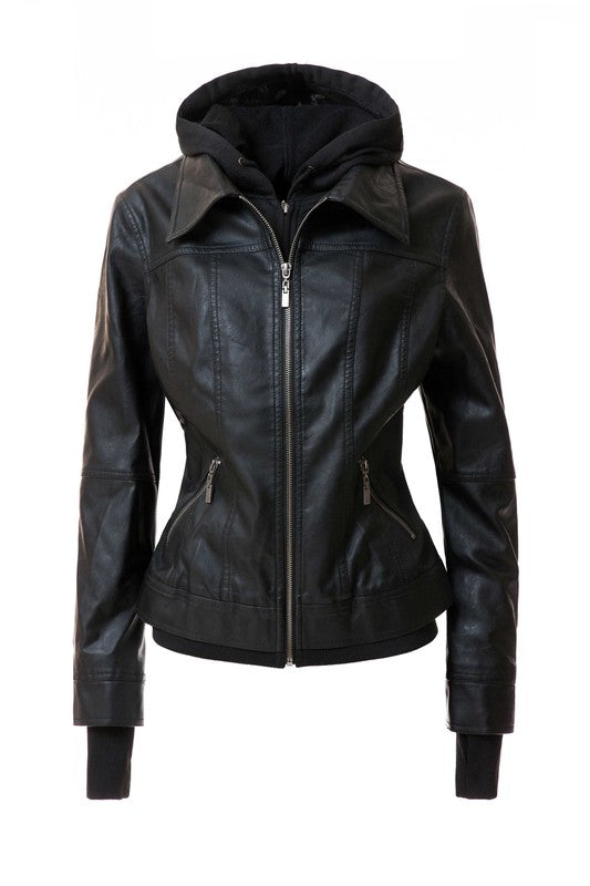 Women's Hooded Vegan Leather Jacket in various colors with detachable hood and stand collar design.